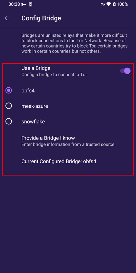 Selected a bridge on Tor Browser for Android